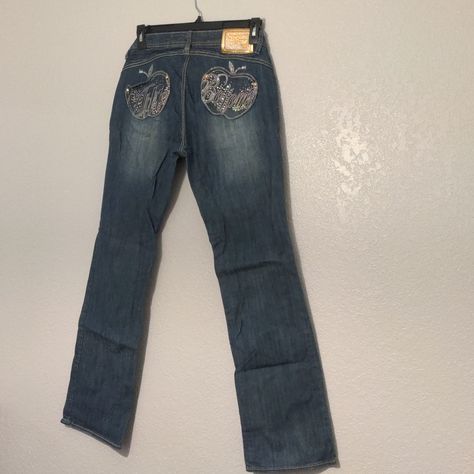 Apple Bottom Jeans Size 11/12 Blue With Gold Accents Used Jeans Are Missing Button As Pictured Easy Fix Can Buy Replacements Online From 3-10$ Worn Once In Great Condition Apple Bottom Shorts, Apple Bottom Jeans Jessica, Apple Bottom Jeans Boots With The Fur, Apple Bottom Jeans Outfits, 2000s Brands, Apple Jeans, 2000s Jeans, Apple Bottom Jeans, 2000s Clothing