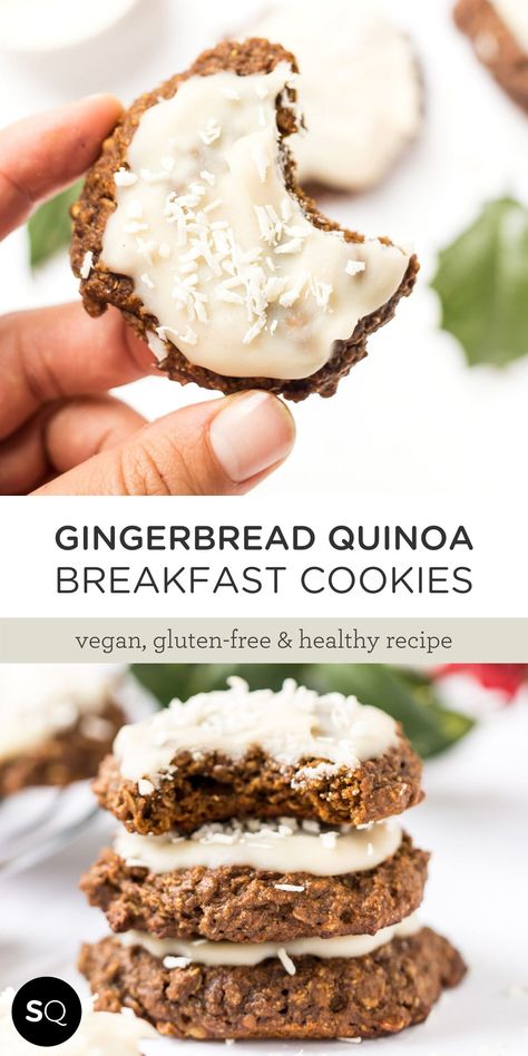 These delicious gingerbread quinoa breakfast cookies might taste like a dessert, but they're packed with healthy ingredients. Vegan & gluten-free too! Gluten-Free and Vegan Gingerbread Cookies Recipe. Gingerbread Quinoa Breakfast Cookies | Simply Quinoa | Healthy Cookies Gingerbread Breakfast Cookies, Puffed Quinoa Recipes, Quinoa Desserts, Almond Butter Cookie Recipe, Healthy Gingerbread Cookies, Aip Foods, Gluten Free Gingerbread Cookies, Quinoa Cookies, Gingerbread Cookies Recipe