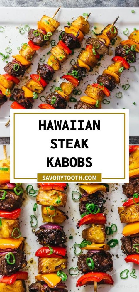 I love these crazy good Hawaiian steak kabobs with fresh pineapples and bell peppers. They are marinated with a homemade Hawaiian steak marinade and broiled in the oven (or grilled). Beef Kabobs In Oven, Oven Kabobs, Hawaiian Steak, Steak Kabob Marinade, Beef Kabob Marinade, Grilled Steak Kabobs, Kabob Marinade, Beef Kabob Recipes, Pork Kabobs