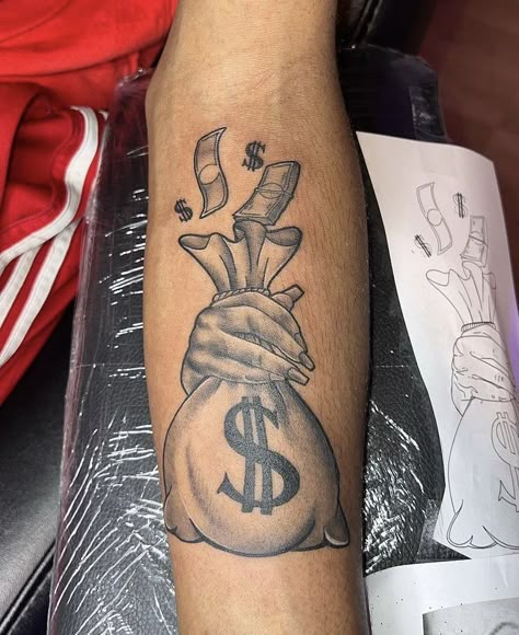 Sideburn Tattoo, Women Cute Tattoos, Dollar Sign Tattoo, Money Bag Tattoo, Tattoos For Guys Forearm, Bag Tattoo, Arm Tattoos For Guys Forearm, Tattoos Leg, Tattoo Party