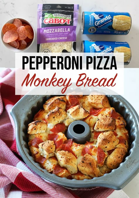 Pepperoni Monkey Bread, Pepperoni Pizza Monkey Bread, Pepperoni And Mozzarella, Pizza Monkey Bread, Appetizers For Kids, Snack For Kids, Biscuit Dough, Pizza Ingredients, Pizza Recipes Homemade