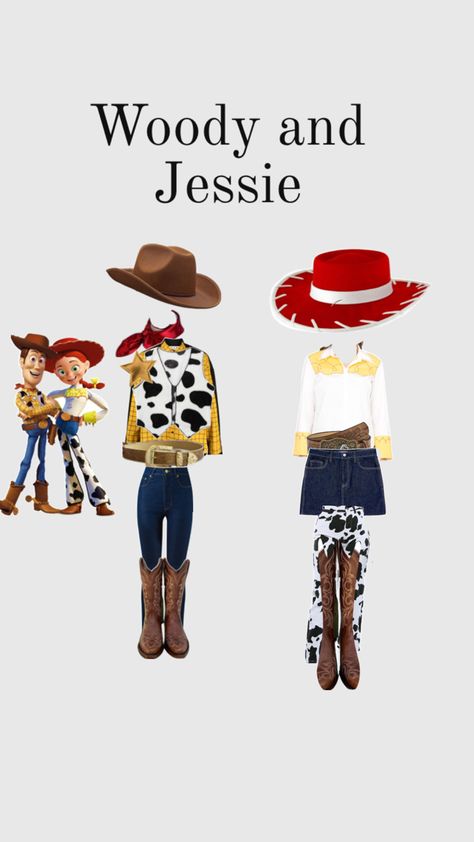 Wendy And Woody Costumes, Toy Story Jessie Costume Diy, Cowboy Couple Costume, Individual Halloween Costumes, Woody Halloween Costume, Disney Couples Costumes, Woody And Jessie Costumes, Jessie Halloween, Jessie Costume