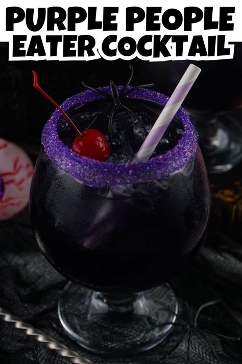 Headon view of Purple People Eater Cocktail in a glass with a purple sugar rim. Purple People Eater Punch, Spooky Season Cocktails, Purple Punch Recipe Alcoholic, Purple People Eater Cocktail, Purple People Eater Drink, Vodka Cranberry, Purple People Eater, Breakfast Donuts, Purple Cocktails