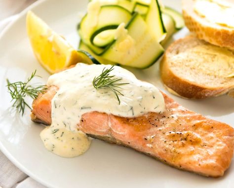 Creamy Dill Sauce for Salmon or Trout - A simple, refreshing sauce that pairs beautifully with rich salmon. Dinner on the table in 15 minutes! www.recipeteineats.com Dressing For Salmon Salad, Dressing For Salmon, Creamy Dill Sauce For Salmon, Salmon With Dill Sauce, Dill Sauce Recipe, Creamy Dill Dressing, Salmon With Dill, Dill Sauce For Salmon, Salad Appetizer Cups