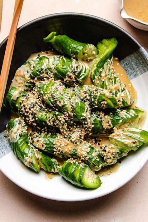 Japanese Cucumber Salad (Roasted Sesame Dressing) - I Heart Umami® Spiral Cucumber Salad, Cucumber Side, Roasted Sesame Dressing, Cucumber Salad Dressing, Japanese Cucumber Salad, Cucumber Noodles, Japanese Cucumber, Korean Grill, Asian Side Dishes