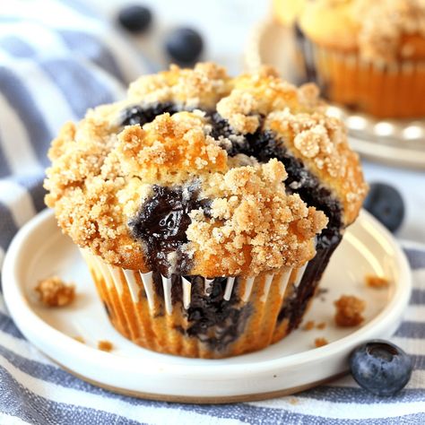 Moist blueberry streusel muffins with a sweet, crumbly topping. Perfect for any time of day and easy to bake at home. Crumble Topping For Muffins, Blueberry Muffins With Crumble Topping, Rhubarb Muffins Recipe, Blueberry Crumble Muffins, Blueberry Streusel Muffins, Blueberry Streusel, Crumble Muffins, Rhubarb Muffins, Easy To Bake