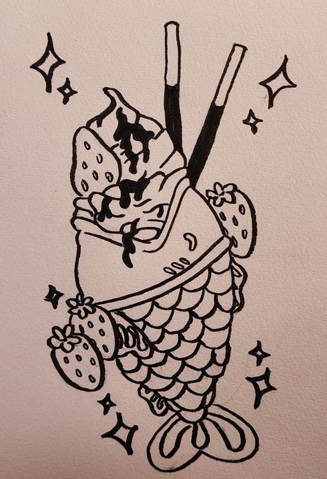 Fish Ice Cream Drawing, Ice Cream Sketch, Fish Ice Cream, Ice Cream Drawing, Cream Drawing, Desserts Drawing, Dessert Art, Cake Drawing, Easy Doodle