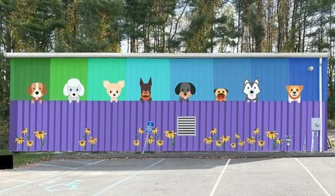 Animal Shelter Mural, Dog Murals, Dog Mural, Puppy Playground, Hotel Pet, Indoor Dog Park, Dog Boarding Facility, Shelter Ideas, Home Wall Painting