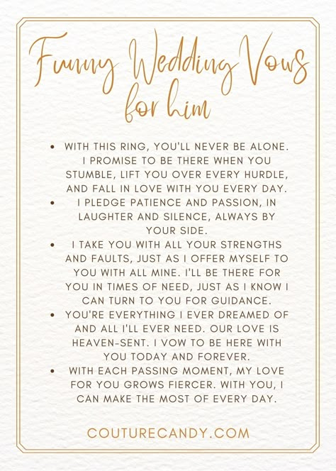 It can be a little stressful to write your wedding vows, but you're not the only one who feels that way. Remember that these words are all about your love and promises for the future, whether you recently got engaged and are eager to convey your thoughts or it's the night before your wedding and you've waited until the last minute. Husband Vows To Wife, Promises To Husband Wedding Vows, How To Write Vows To Husband, How To Write Wedding Vows To Husband, Funny Wedding Vows To Husband, Writing Vows To Husband, Wedding Vows To Husband Cry Funny, Unique Wedding Vows To Husband, Sweet Wedding Vows