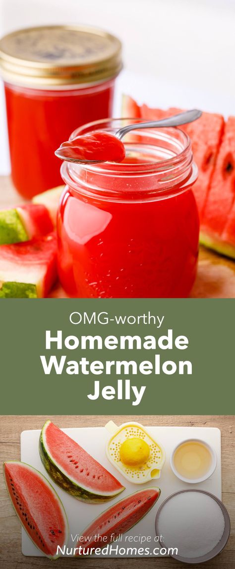 Homemade Watermelon Jelly (Easy 4-Ingredient Jelly Recipe) - Nurtured Homes Watermelon Jelly Recipe, Jelly Watermelon, Watermelon Jam, Watermelon Jelly, Jam Recipes Homemade, Homemade Jelly, Jelly Recipe, Jam And Jelly, Watermelon Recipes