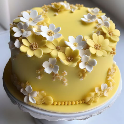 Simple Fondant Cake Birthday, Yellow Cake Designs Birthday, Yellow And White Cake, Simple Fondant Cake, Fondant Cakes Birthday, Vintage Birthday Cakes, Beautiful Cake Designs, Simple Cake Designs, Cake Decorating Piping