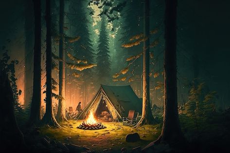 Camping Landscape Design, Camp In Forest, Camping In Forest, Camping At Night, Witch And Her Cat, Night In The Forest, Camping Painting, Fantasy Camp, Study Artwork