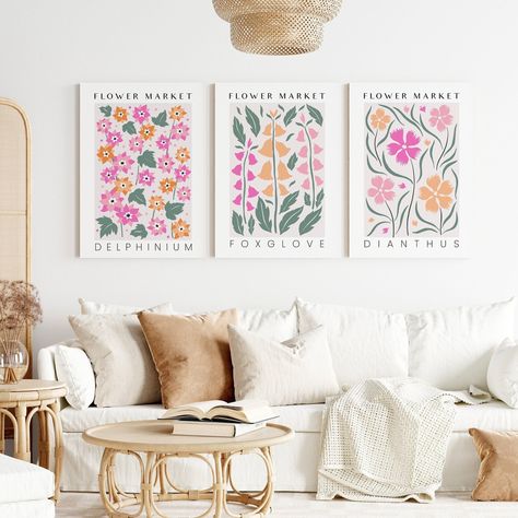 Set of 3 Flower Market Canvas Wall Art Prints in Pink & - Etsy UK Gallery Wall Dorm, Flower Market Prints, Botanical Posters, College Apartment Decor, Botanical Poster, 3 Piece Wall Art, Colorful Wall Art, Flower Market, Flower Images