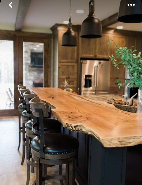 Live Wood Kitchen Counter, Ranch House Interior Decor, Wood Top Bar Counter, Raw Edge Wood Countertops, Live Edge Bars, Live Edge Wood Kitchen Island, Live Edge Island Countertop, Timber House Interior Design, Timber Kitchen Island