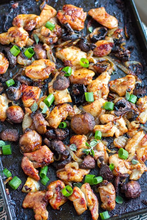 This delicious sheet pan Balsamic chicken and mushrooms recipe is perfect for a quick weeknight dinner. Succulent chicken pieces are baked with mushrooms in a sticky Balsamic glaze sauce. This healthy meal is gluten-free, paleo, Whole30. Bookmark this healthy chicken and mushroom recipe! Sheet Pan Chicken And Mushrooms, Whole 30 Mushroom Recipes, Chicken And Mushrooms Healthy, Whole 30 Sheet Pan Recipes, Paleo Sheet Pan Dinners, Sheet Pan Recipes Healthy, Balsamic Chicken And Mushrooms, Sheet Pan Balsamic Chicken, Dinner With Mushrooms