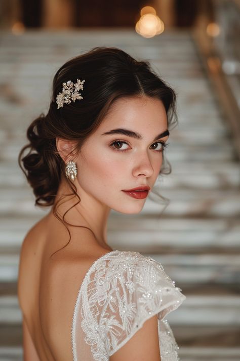 80+ Gorgeous Wedding Hairstyles for Your Dream Day Wedding Day Makeup Red Lips, French Bridal Makeup, Old Hollywood Bridal Makeup, Bride Brown Hair, Elegant Bridal Hair, Bridal Portrait Ideas, Gorgeous Wedding Makeup, Κούρεμα Bob, Wedding Makeup Tutorial