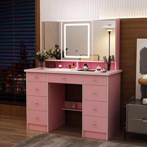 PRICES MAY VARY. Adjustable Mirrors & Hidden Storage - This makeup vanity desk features a large and high-definition mirror that is divided into 3 parts. The mirrors on either side can be opened and adjusted in angle, which will reflect your beauty from different angles and meet your makeup needs. And there are hidden storage shelves behind the 2 side mirrors. 3 Color Lights - The middle mirror of the vanity desk is equipped with built-in lights. There are 3 color options: cold white, warm white Mirrors And Lights, 3 Mirrors, Cushion Stool, Makeup Vanity Desk, Mirror Drawers, Drawers And Shelves, Vanity Benches, Color Lights, Large Vanity