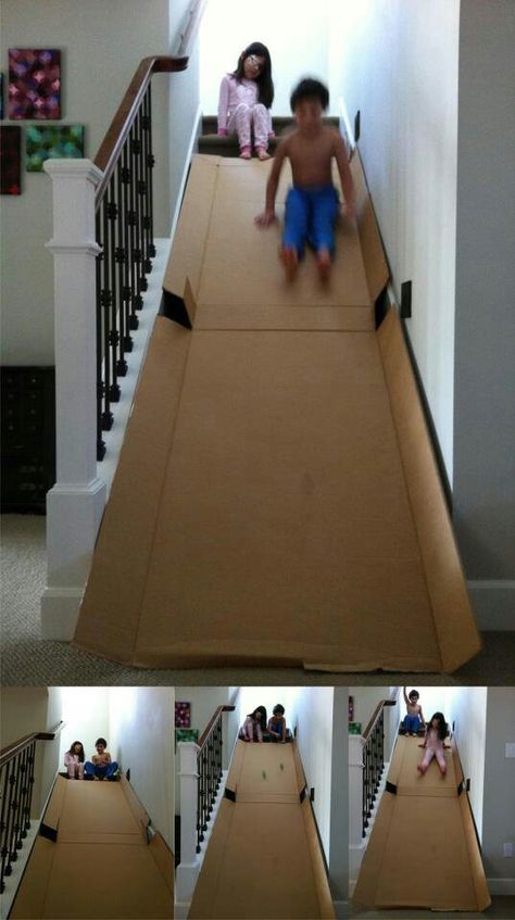 Cardboard Cardboard Box Fort, Cardboard Boxes Kids, Stair Slide, Diy Slides, Cardboard Box Crafts, Cardboard Toys, Diy Kids Toys, Indoor Fun, Kids Discover