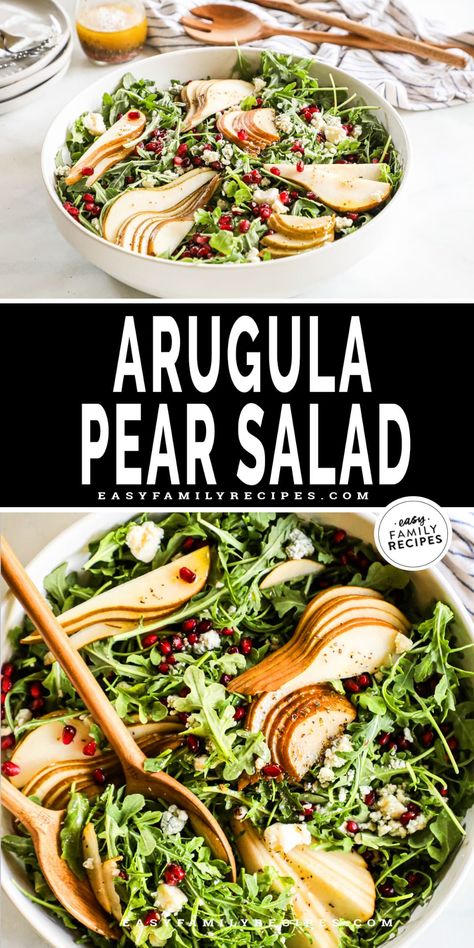 This Arugula Pear Salad is a simple but impressive entree or side dish! This Arugula Salad with Pears features peppery arugula leaves layered with juicy sliced pear, pomegranate seeds, gorgonzola cheese, and a homemade red wine vinaigrette. This Arugula Pear Pomegranate Salad is perfect for the holidays or for any at-home meal! Arugula Pear Gorgonzola Salad, Pear And Arugula Salad, Pear Pomegranate Salad, Arugula Pear Salad, Pear Gorgonzola Salad, Homemade Red Wine, Salad With Pears, Pear Salad Recipes, Arugula Recipes