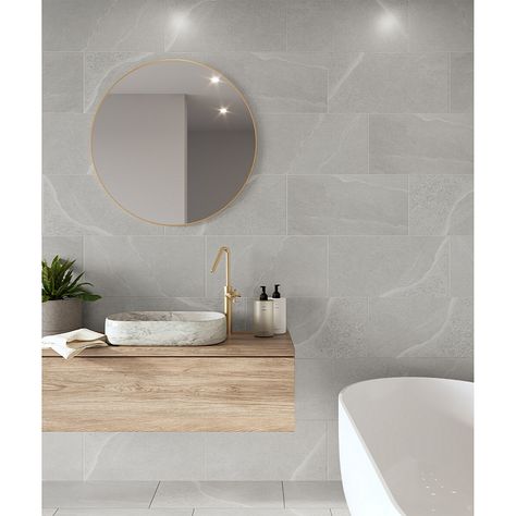 Enliven your tiled space with Austral, the delicate stone effect has a matt finish creating the perfect foundation for your interior design. Available in a light pearl or darker grey for the ideal neutral base on a budget. Bathroom Light Grey Tiles, Bathroom Tile Color Schemes, Square Tile Bathroom, Grey Marble Bathroom, Light Grey Bathrooms, Grey Marble Tile, Colorful Bathroom Tile, Trendy Bathroom Tiles, Very Small Bathroom