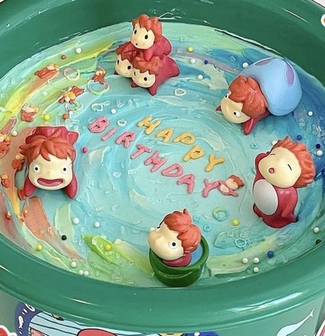 Ponyo Studio Ghibli Cake, Japanese Cake Aesthetic, Cute Cake Ideas Aesthetic, Ponyo Cakes, Korean Food Cute, Cute Korean Cake, Studio Ghibli Cake, Korean Cake Aesthetic, Korean Pastries