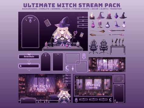 purple twitch overlay animated vtuber background witch twitch overlay witch vtuber asset purple twitch banner purple stream package animated by SubtleStyleStudio on Etsy Vtuber Overlay Design, Witch Vtuber, Twitch Overlay Ideas, Twitch Background, Streaming Overlay, Banner Twitch, Vtuber Background, Vtuber Design, Vtuber Assets