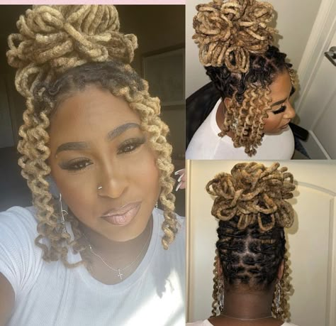 Loc Hair Styles For Wedding, Pedal Locs Style, Female Loc Updo Styles, Locs With Added Ponytail, Locks Updo Styles, Curly Loc Updos For Women, Interlocking Locs Styles, Petal Ponytail Locs, Long Loc Styles Women Easy