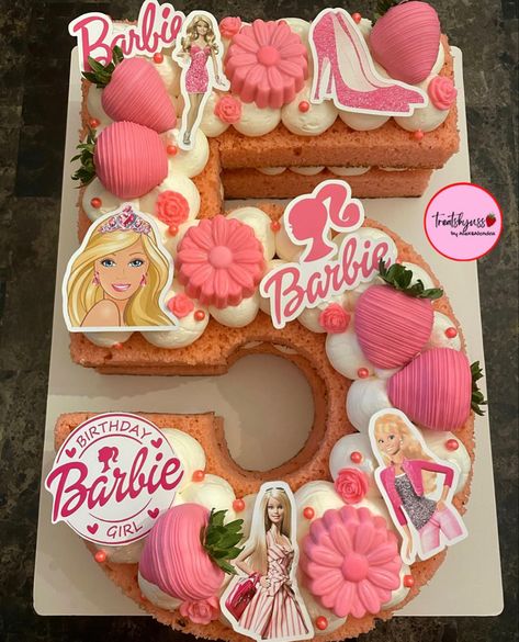 Number 5 Barbie Cake, Barbie Number Cake, Barbie Cookie Cake, Barbie Cake For 4 Year Girl, Barbie Decorations Birthday Party Ideas, Barbie Fifth Birthday, Barbie Cake Design Girl Birthday, Number 5 Cake, Barbie Cake Square