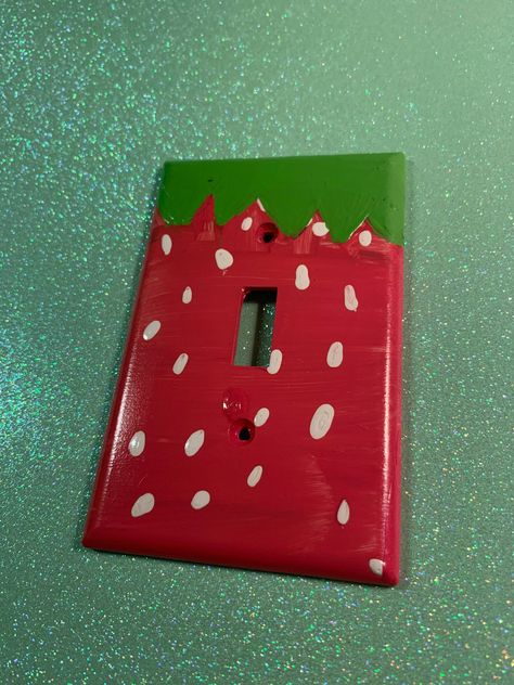 Standard size single light switch cover. This beautiful cover is decorated with a Strawberry theme. Each plate is hand painted by the shop's artist, Courtney! ;-) We are in the process of increasing inventory with double and triple switch plates. *all plates include matching colored screws Outlet Painting Ideas Easy, Lightswitch Ideas Painting, Light Switch Diy, Outlet Painting Ideas, Outlet Covers Painting, Painted Outlets, Light Switch Art, Light Switch Covers Diy, Red Room Decor