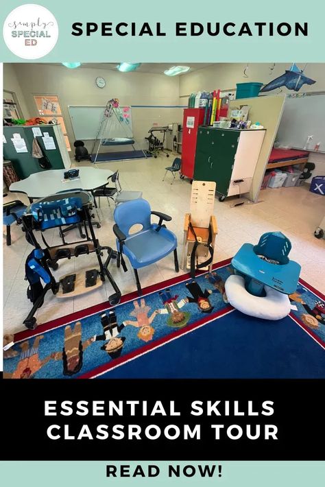 Will you be teaching essential skills this school year? Today, I’m taking you on a tour of my essential skills classroom. Essential skills can be from PreK through 22 years of age. There are a few items that are great to have inside this special education classroom. For gross motor skills, I like to have a platform swing. We work off of rotations, adaptive seating, and flexible seating. Family communication is important in my special ed class. Learn more about the essential skills classroom! Classroom Special Education, Student Cubbies, Classroom Routines And Procedures, Cooking In The Classroom, Classroom Tour, Teaching Essentials, Special Ed Teacher, Students Day, Living Skills