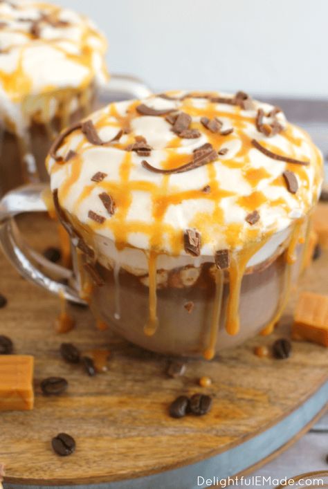 Starbucks Copycat Salted Caramel Mocha by Delightful E Made Starbucks Salted Caramel Mocha Recipe, Starbucks Mocha Frappuccino Recipe, Starbucks Salted Caramel Mocha, Paleo Beverages, Homemade Cold Brew Coffee, Lemon Bundt Cake Recipe, Pumpkin Crockpot, Starbucks Mocha, Hot Coffee Drinks