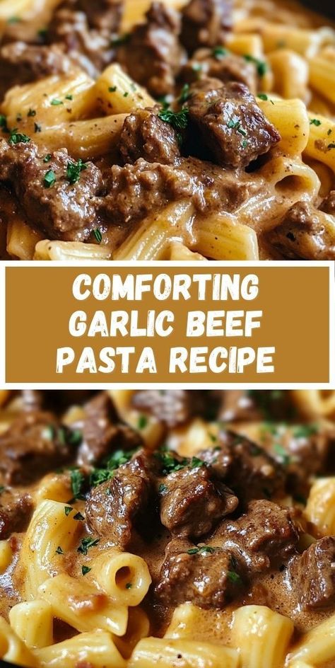 Try this slow cooker garlic beef pasta, combining tender beef with creamy garlic sauce. It's an easy, mouth-watering recipe ideal for any night of the week. Beef Pasta In Creamy Garlic Sauce, Creamy Garlic Pasta With Ground Beef, Beef And Rotini In Garlic Sauce, Finely Diced Beef Recipes, Beef With Pasta Recipes, Creamy Garlic Beef Pasta, Stew Meat Pasta Recipes, Stew Meat Dinner Ideas, Creamy Beef And Pasta