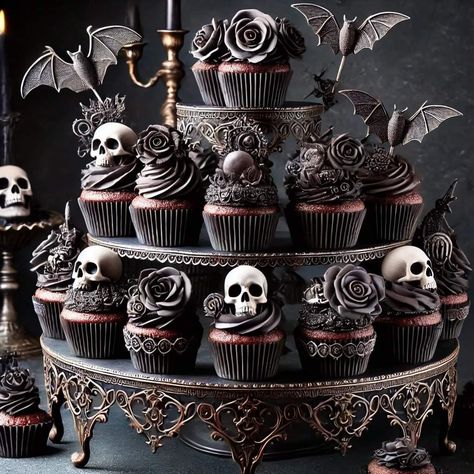 Halloween Cupcakes Wedding, Halloween Skull Cupcakes, Goth Wedding Cupcakes, Gothic Cookies, Goth Cupcakes, Gothic Cupcakes, Goth Wedding Cake, Gothic Cakes, Halloween Cake Design