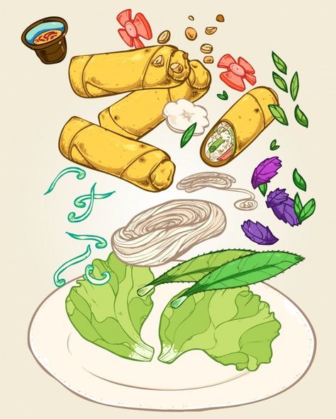 Vegetarian spring rolls - Nem chay Spring Roll Drawing, Spring Roll Illustration, Tet Food, Vietnamese Rice Paper Rolls, Vegetarian Spring Rolls, Vietnamese Spring Rolls, Spring Roll Recipe, Rice Paper Rolls, Filipino Art