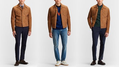 Three Ways To Wear A Suede Jacket | The Daily | MR PORTER Formal Sneakers, Brown Jacket Men, How To Wear Jeans, Loafers Boots, Mens Designer Clothes, Clothes Designer, Brown Suede Jacket, Brown Outfit, Designer Accessories