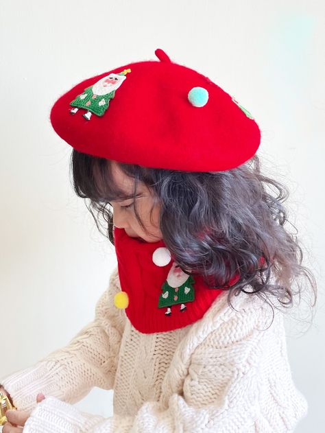 Red Casual Collar  Wool Christmas Beret Embellished  Fall/Winter Kids Accessories Winter Gift Beret Flat Cap, Christmas Beret, Red Beret Aesthetic, Casual Red Winter Beret, Red Beret, Christmas Santa Claus, Winter Kids, Kids Hats, Christmas Girl