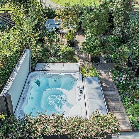 Hot Tub Area, Lap Pool Designs, Sunken Hot Tub, Garden Design London, Hot Tub Surround, Hot Tub Designs, Spa Jacuzzi, Guildford Surrey, Garden Site