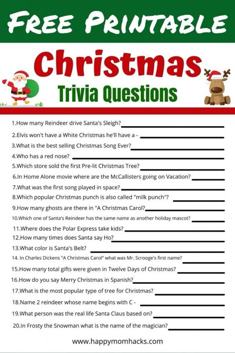 Fun Family Christmas Quiz Questions & Answers -Free Printable | Happy Mom Hacks Printable Christmas Quiz, Christmas Quiz Questions, Christmas Trivia Quiz, Christmas Trivia Questions, Christmas Questions, Party Questions, Christmas Eve Games, Christmas Trivia Games, Christmas Gift Games