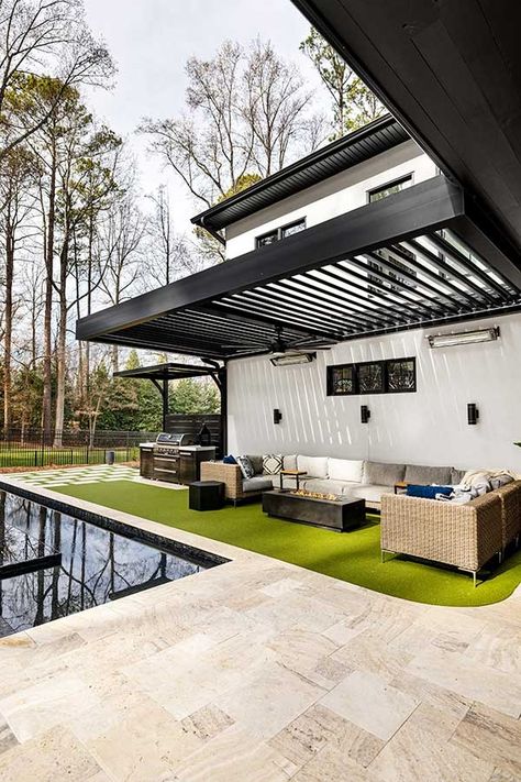 50+ Modern Pergola Ideas (NC-Friendly!) | Azenco Outdoor, NC Modern Pergola Ideas Attached To House, Metal Pergola Patio Ideas, Modern Outdoor Structures, Modern Pergola Ideas, Contemporary Pergola, Modern Pergola Designs, Pool Pergola, Comfortable Outdoor Furniture, Steel Pergola