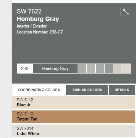 SW7622 Homburg Gray Sw Hamburg Gray, Sw Homburg Gray Exterior Paint, Homburg Grey Exterior, Homburg Gray Exterior, Homberg Grey, Sw Homburg Gray, Homburg Grey, Vermont Bedroom, Homburg Gray