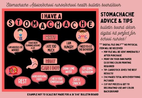 Stomachache advice and tips bulletin board/door decor kit for nurses' office, school instant download (PDF)  Upgrade your bulletin board or door with this super cute, INFORMATIVE and easy to-do design! Comes with health advice circles to display for a super common issue: stomachaches! Suitable for just about any grade/area and so adorable!!   Digital file only no physical item will be delivered PDF file will be sent to you immediately.  Print on your own paper (8.5x11in)  Tip: cardstock gives th Kudos Board For Work Nurse, Nurses Office School, School Nurse Office Door Decoration, School Health Office Decor, School Health Room Decor Nurse Office, Elementary School Nurses Office, School Nurse, School Nurse Office Door, School Nurse Door Decoration