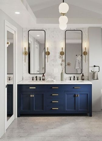 Made Renovation | Instant Estimate Blue Gold Bathroom, Chic Bathroom Vanity, Trendy Bathroom Ideas, Shabby Chic Bathroom Vanity, Blue Bathrooms, Bathroom Ideas With Tub, Bathroom Vanity Ideas, Navy Blue Bathrooms, Room Vanity Ideas