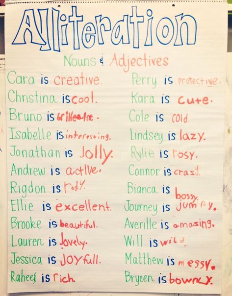 alliteration shared writing... then each student can write their sentence on a page and it can be turned into a class book :) Cooking Verbs, Alliteration Activities, First Grade Parade, Nouns And Adjectives, Reading Anchor Charts, Nouns And Verbs, Action Words, Teaching Ela, Teaching Language Arts