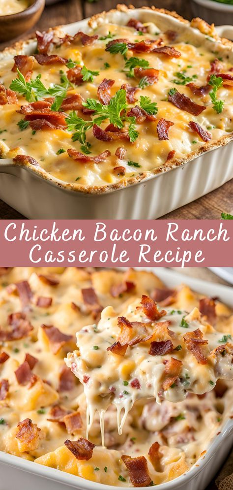 Chicken Bacon Ranch Casserole Recipe | Cheff Recipes Pork Tenderloin Recipes Crockpot, Ranch Casserole Recipes, Bacon Wrapped Brussel Sprouts, Chicken Bacon Ranch Bake, Healthy Lemon Chicken, Homemade Pasta Recipes, Easy Pork Tenderloin, Recipes With Cheese, Bacon Ranch Casserole