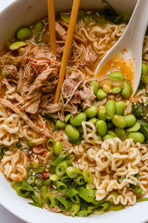 An easy recipe for creamy chicken ramen made from scratch and slow-cooked to perfection. I make this slow cooker ramen with chicken thighs, but you can use other chicken cuts in this recipe. You can also use this recipe with an instant pot or on the stovetop (directions for all methods are included). #slowcooker #crockpot #chicken #ramen Ramen Noodle Recipes Easy Crockpot, Crock Pot Chicken Ramen, Slow Cooker Ramen Noodles, Crockpot Chicken Ramen, Slow Cooker Ramen Recipes, Crockpot Ramen Recipes, Ramen Crockpot Recipes, Ramen Slow Cooker, Crock Pot Ramen