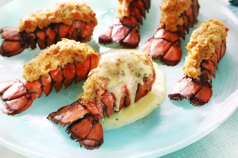 Nothing makes me feel more fancy than lobster, and these lobster tails—stuffed with a crab cake mix—are sensational. And, since I'm a self-proclaimed sauce girl, I like to serve my Blender Béarnaise sauce over the top. That's right—I've made homemade béarnaise sauce easier than ever, so if you've been shy about making it, you should give this method a try! Bearnaise Sauce Easy, Lobster Tail Recipes, Crab Stuffed Lobster, Stuffed Beef Tenderloin, Bearnaise Sauce Recipe, Stuffed Lobster, Kardea Brown, Pescatarian Diet, Lobster Recipes Tail