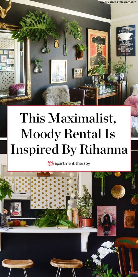 This moody, glam, maximalist apartment was inspired by Rihanna. | House Tours by Apartment Therapy #blackwalls #gallerywall #kitchencabinets #kitchenideas #polkadotdecor #decorideas #rentershacks #retnfriendlydecor #temporarydecor #maximalist Maximalist Black Living Room, Small Space Wallpaper Ideas, Moody Eclectic Apartment, Organic Modern Maximalist, Neutral Maximalist Living Room, Moody Maximalist Decor Office, Edgy Home Decor Ideas Modern, Black And White Maximalist Living Room, Maximalist Entryway Ideas