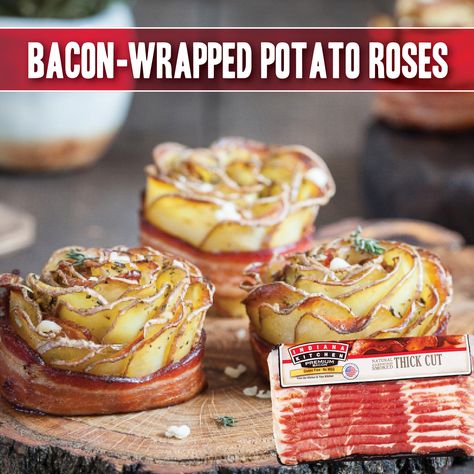 Roses are red, unless they're potato. If wrapped in bacon, Your sweetheart will say, "𝙒𝙃𝙊𝙊𝙊𝘼𝘼𝘼𝘼𝘼𝘼!" Get recipe: https://indianakitchen.com/recipe/bacon-wrapped-potato-roses/ #MyBrandIsIndiana #ValentinesDay2021 Potato Bacon Flowers, Potato Roses, Bacon Wrapped Potatoes, Bacon Roses, Cajun Shrimp And Grits, Potato Bacon Soup, Potato Bacon, Cheddar Burger, Bacon Potato