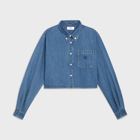 CROPPED SHIRT IN UNION OCEAN WASH DENIM - UNION OCEAN WASH | CELINE Kemeja Denim, Cropped Shirt, Rock Shirts, Saint Tropez, Shirts Blouses, Colored Denim, Mode Inspiration, Cropped Denim, Crop Shirt