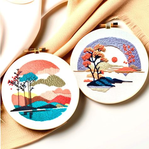 Hand Embroidery Patterns Free Templates, Scenery Embroidery, Embroidery Patterns Free Templates, Stitch Dictionary, Landscape Embroidery, Minimal Landscape, Hand Embroidery Patterns Free, Basic Embroidery, Basic Stitches